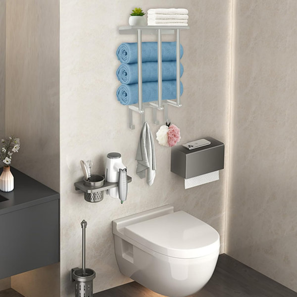 3-Bar Towel Rack With 4 Hooks & Shelf - Brushed Nickel Wall Mount Bathroom Organizer